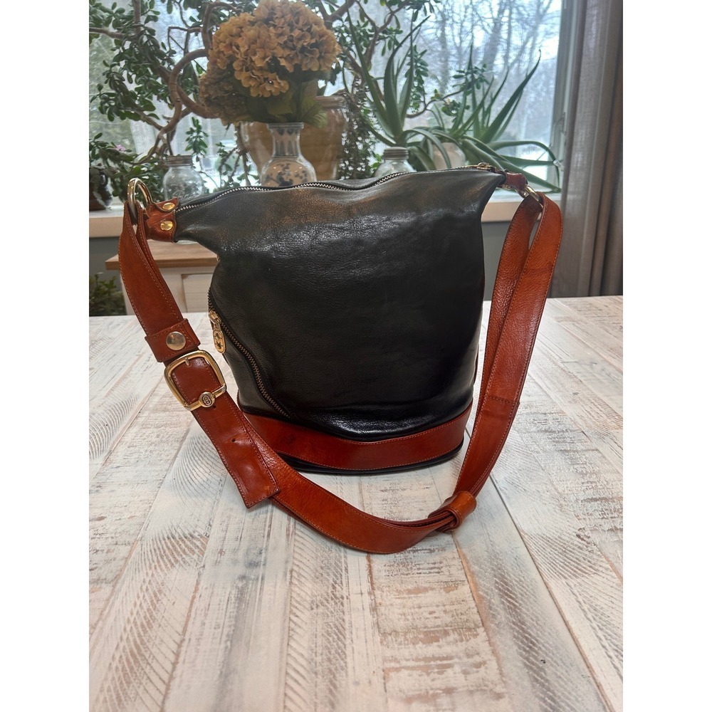 Marino Orlandi‎ Vintage Black Leather Bucket Bag Cognac Trim Made in Italy